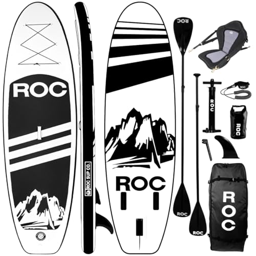 Roc Inflatable Stand Up Paddle Boards with Premium SUP Paddle Board Accessories, Wide Stable Design, Non-Slip Comfort Deck for Youth & Adults (Black W/Kayak Seat)