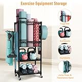 FUTASSI S1 Home Gym Storage, 3-Tier Workout Equipment Organizer with Wheels for Yoga Mats, Foam Roller, Dumbbells, Kettlebells, and Resistance Bands, 47.4" H x 27.5" L x 11.8" D, Black