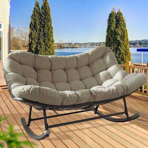 Quinora Double Papasan Rocking Chair Outdoor & Indoor, 660LBS Capacity Oversized Patio Rocking Chair for 2-Person with Thick Cushion and Frame,Egg Rocking Chair for Garden, Deck, Living Room,Brown