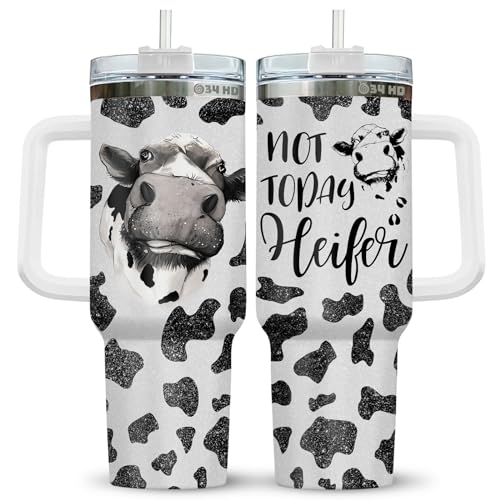 34HD Cow Christmas Gifts for Women, Funny Cow Print Tumbler 40 Oz with Handle and Straw Stainless Steel, Heifer Cow Cup, Cow Gifts for Cow Lovers Women