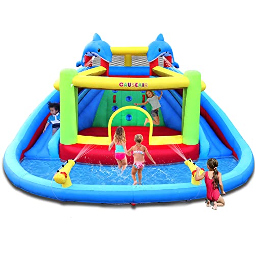 Causeair Inflatable Water Slide with Bounce House,Dolphin Styling,Splashing Pool,Double Water Cannon,Climbing Wall,Heavy Duty GFCI Blower,Inflatable Water Park Slide for Kids Backyard Summer