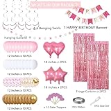 Pink Gold Birthday Party Decorations, Happy Birthday Banner, Pink Fringe Curtain, Heart Star Foil Confetti Balloons, Hanging Swirls for Women Girls Birthday Princess Party