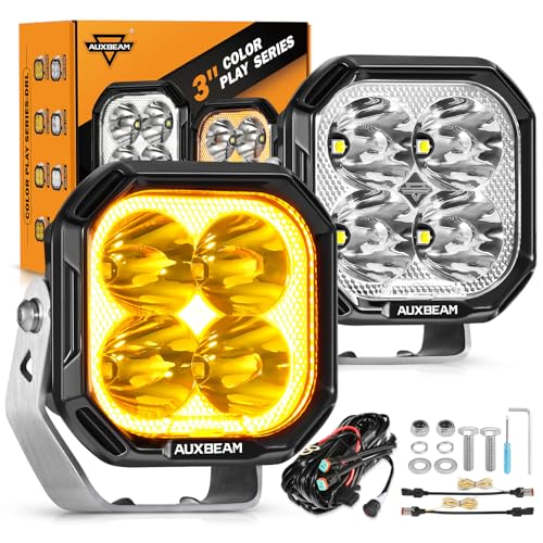 Auxbeam Color Play Series 3 Inch LED Pod Lights, 100W 11600LM Amber White LED Cube Spot Light Offroad Driving Ditch Lights with DRL & Turn Signal, Fog Lights for Trucks Jeep Ford UTV ATV, Pair