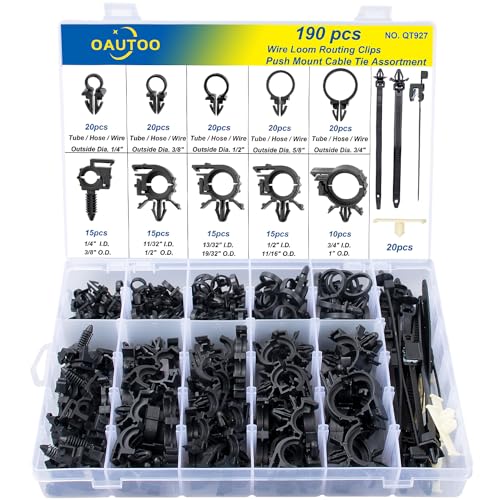 OAUTOO 190pcs Wire Loom Routing Clips Push Mount Cable Tie Assortment