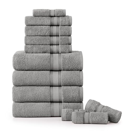 LANE LINEN Luxury Bath Towels Set - 12 Piece (4 Bath Towels, 4 Hand Towels, 4 Washcloths), 100% Cotton, Zero Twist, Super Soft & Extra Absorbent - Space Grey