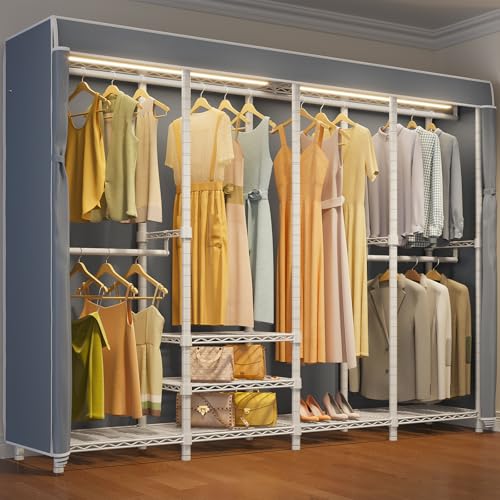 VIPEK V40LC Covered Clothes Rack with Dimmable LED Lights, Heavy Duty Garment Rack with Cover Portable Closet Wardrobe Clothing Racks for Hanging Clothes, White Closet Racks with Grey Oxford Cover