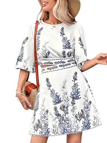 Floerns Women's Two Piece Outfit Boho Lantern Sleeve Blouse Top with Skirt Set White S
