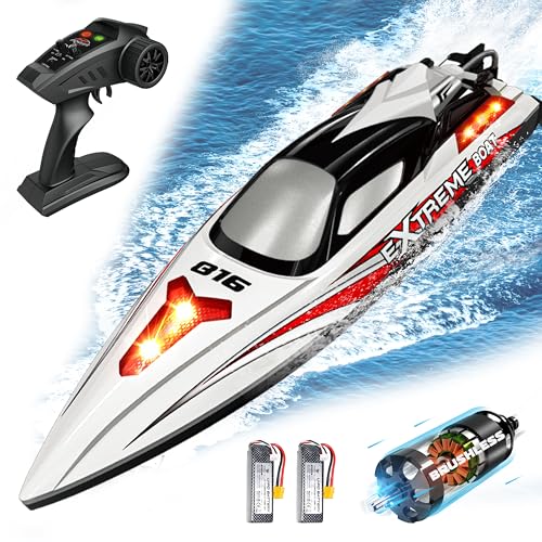 Levhorzn High Speed RC Boat 34+MPH, Brushless Remote Control Boat with Two Rechargeable Batteries for Adults Kids, 19" Large Racing Boat for Lakes, River, Pool, Auto-Capsize Correcting (Grey)