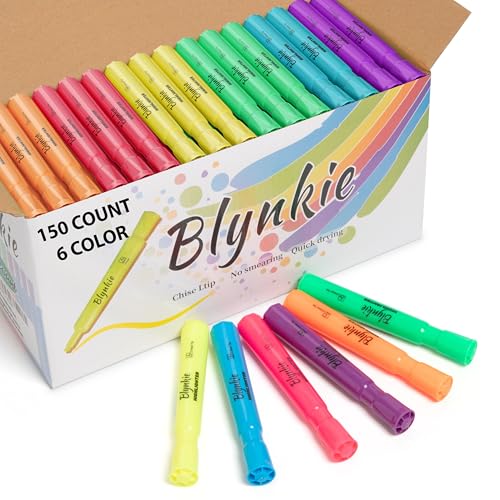 Blynkie Highlighters Bulk 150 Pack of 6 Bright Colors Tank Style Chisel Tip Highlighters Set for Kid and Adult Coloring Highlighting for Classroom Office School Supplies and Shop Short Style.