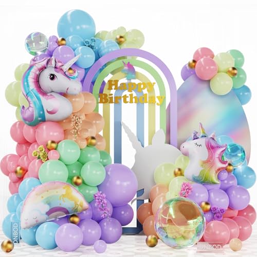 140Pcs Pastel Rainbow Unicorn Balloon Garland Arch Kit,with Pink Purple Unicorn,Rainbow,Iridescent Sphere foil Balloons for Girl Unicorn Birthday Party Decoration Easter Fairytale Baby Shower Supplies