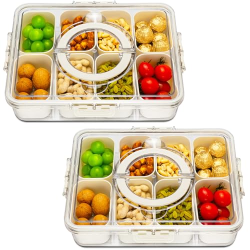 Divided Serving Tray with Lid and Handle,8 Compartments Snacks Box,Snack Fruit Tray,Veggie Tray,Portable Platter for Candy Fruits Nuts Snack Party Entertaining Picnic(2 PCS)
