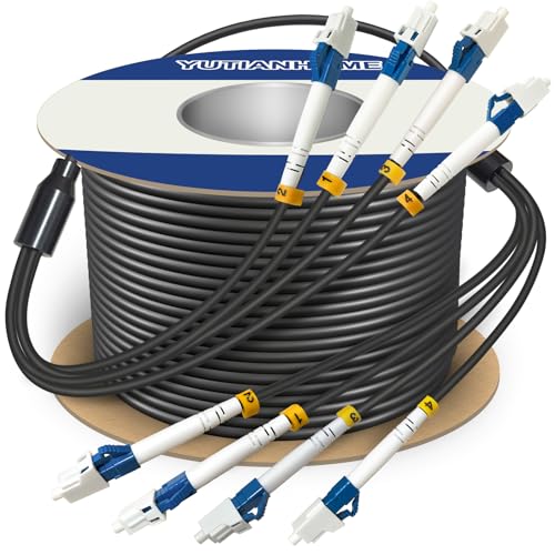 YUTIANHOME 100 Meters 4 Core Industrial TPU LC to LC Outdoor Armored Fiber Optic Cable, 4 Strands OS2 Single Mode Fiber Patch Cable with LC Connectors, 9/125um, OD-5mm, Direct Burial LC-LC