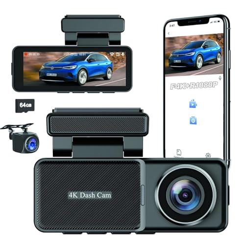 Dash Cam Front and Rear 4K for Cars,Wireless WiFi Night Vision DVR,Mounted Cars Small Dashboard,Hidden Mini Video Tachograph,2160P HD 24Hour Parking Monitorr Camera Recorder,3″IPS Display,Free 64GB