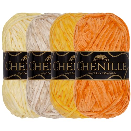 JubileeYarn Chenille Yarn - 100g/Skein Worsted Weight - Shades of Yellow - Velvet Assorted Colors Pack - 4 Skeins