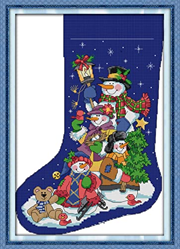 CaptainCrafts Cross Stitch Kits, Stamped Cross Stitch Printed Fabric Cross Stitching DIY Art DMC Needlecrafts Embroidery Kit for Adults Beginner (Stamped 11CT, Christmas Stocking Snowman Blue)