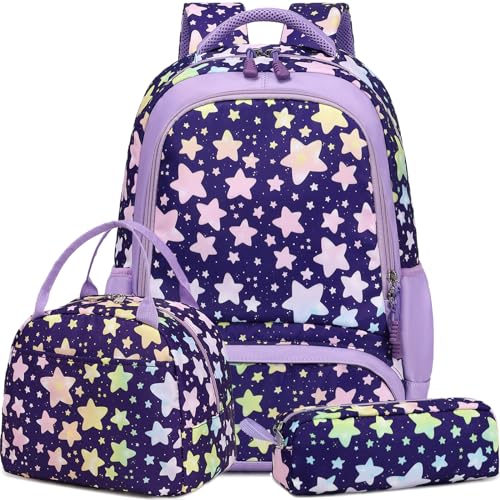 Dafelile Girls Backpack for Elementary 3Pcs Gradient Star Prints Backpack Kids School Bookbag Set for Girls