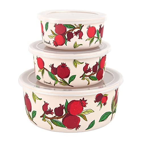 EMANUEL Set of 3 Melamine Food Storage Containers - Reusable Storage Lunch Boxes Plastic Lid - Unique Printed Designs (Pomegranates BMB-21A)