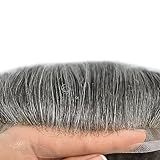 Toupee for Men Hair Replacement Systems Swiss Lace Front Mens Toupee Natural Human Hair Piece 1B50# Off Black with 50% Synthetic Grey, 6x8"-100% Light Med-Light Density