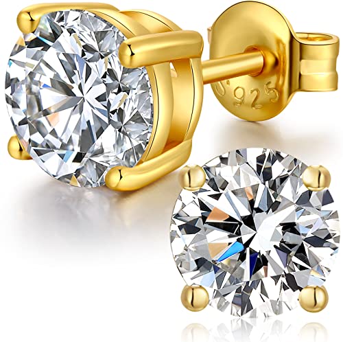 Jiahanzb Sterling Silver Cubic Zirconia Stud Earrings, 8mm Diamond Stud Earrings, 925 Metal Type, Gold CZ Studs, Hypoallergenic, Perfect for Sensitive Ears, Ideal Gift