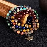 Bivei 7 Chakra 108 Mala Beads Bracelet Real Gemstone Yoga Meditation Hand Knotted Mala Prayer Bead Necklace(Lotus OM-8mm beads)