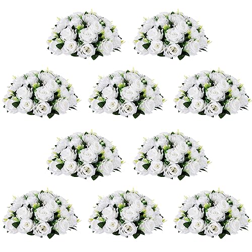 NUPTIO Flower Wedding Centrepieces for Tables - 10 Pcs 13.8in Diameter White Artificial Flowers Rose Ball for Centerpieces Table - Fake Rose Arrangements for Weddings Birthday Party Decorations