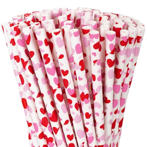 JarThenaAMCS 200Pcs Valentine Paper Straws Red Pink Love Heart Disposable Drinking Straws For Wedding Birthday Biral Shower Party Supplies