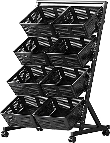 4 Tier Metal Storage Orgainzer Rack with 8 Detachable Cube Baskets Kitchen Pantry Fruit Floor Stand Rolling Utility Cart Multi-Layer Storage Shelf with Wheels(Black)