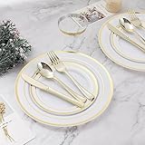 BESTVIP 600PCS Gold Dinnerware Set for 100 Guests, Plastic Plates for Party, 100 Gold Disposable Plates, 100 Dessert Plates, 100 Cups, 100 Spoons, 100 Forks and 100 Knives