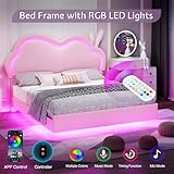 Jocisland LED Queen Bed Frame for Girls Upholstered Floating Bed with Cute Cloud Headboard, No Box Spring Needed, Leather, Pink