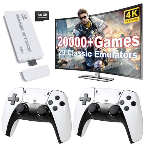 Retro Game Stick, 4K Wireless Retro Game Console with Built-in 20000+ Games and 23 Classic Emulators,Dual 2.4GHz Wireless Controllers,Plug and Play Video Games for TV