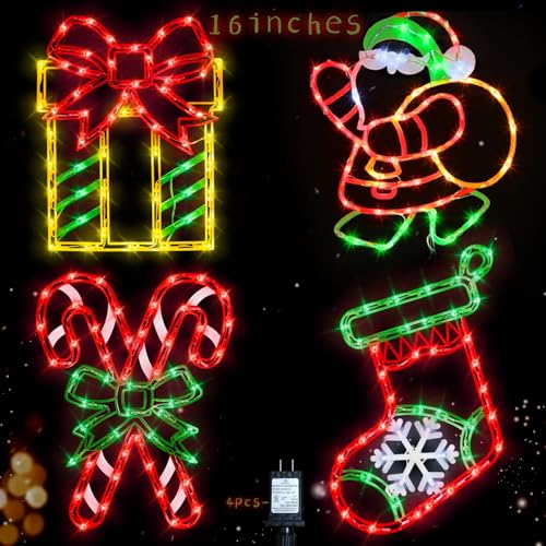 Christmas Decorations - 16" Christmas Window Silhouette Lights Decorations - 4 Pack Colour Lighted Santa ＆ Gift Box ＆ Candy Cane ＆ Christmas Stocking for Holiday Wall Door Window Decorate