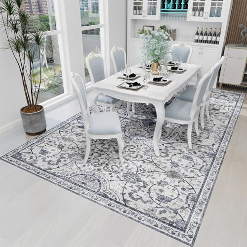 SALLOUS Floor Mat for Home, 6.6x9ft Area Rug for Living Room, Non-Slip Waterproof Vinyl Area Mat for Bedroom, Slip Resistant Hard Floor Protector for Kitchen, Bathroom (Grayish Blue Bohemian)