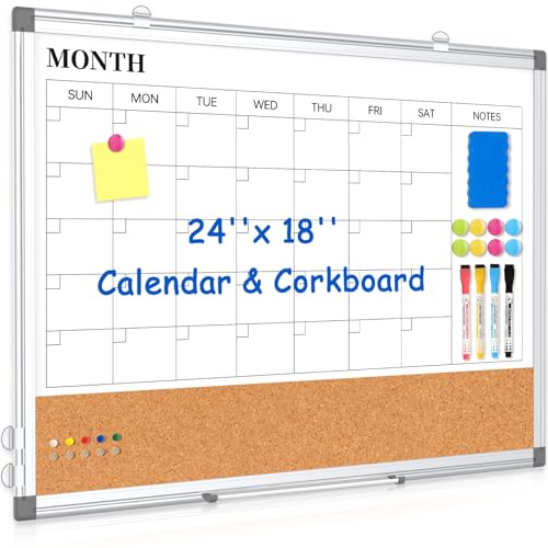 Monthly Calendar Whiteboard Dry Erase Cork Board Combo for Wall, 24" x 18" Double-Sided Calendar White Board and Bulletin Board, Portable Board for Office, Kitchen, School, Home