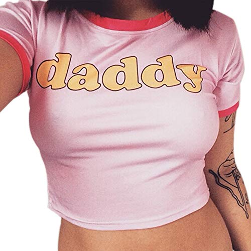 MeiLiZuRL Crop Top Women Girl's Pink Crew Neck Sexy Short Sleeve Daddy Tight Midriff-Baring T-Shirt