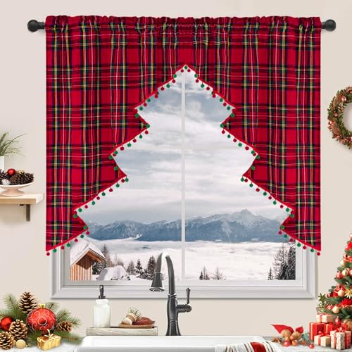FRAMICS Christmas Tree Valance with Red and Green Pompom Buffalo Plaid Swag, Tassel, Rod Pocket for Kitchen Windows, 52" W x 36" L, 1 Panel