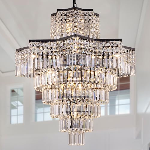 TOCHIC 15 Lights Black Crystal Chandelier, 7-Tier Octagonal Star Large Foyer Chandeliers for High Ceilings Hanging Chandelier Light Fixture for Living Room Entryway Staircase 31.5”
