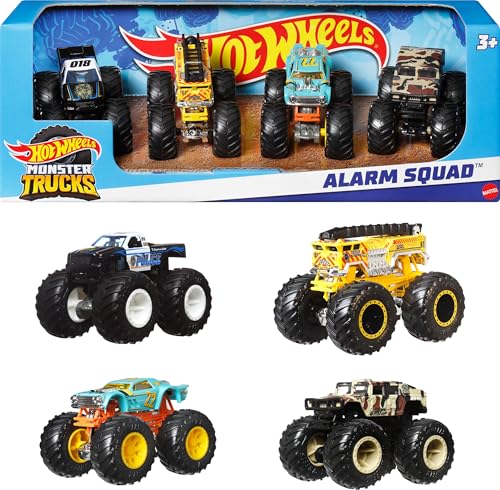 Hot Wheels Toy Monster Trucks Set of 4, 4-Pack of 1:64 Scale Alarm Squad Vehicles, Giant Wheels, Favorite Characters (Amazon Exclusive)