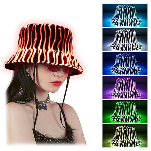 Led Bucket Hat, Rave Led Hat 7 Colors, Neon Flashing Festival Gear, Light up Hat Rave Accessory, Funny Bucket Hat (US, Alpha, Large, Black)