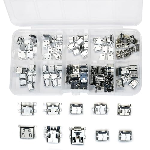 XUGERIP 100 Pcs 10 Types Micro USB Female Connector Set, 5-Pin Micro USB Ports for Phone Repair, Soldering, DIY Projects, USB Connector Spare Parts
