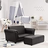 Costzon Kids Couch with Footstool, 2 in 1 Double Seat Children's Sofa w/PU Leather Surface, Armrest Chair Lounge, Soft Kids Sofa for Preschool Bedroom Kids Room Toddlers Boys Girls Birthday (Black)