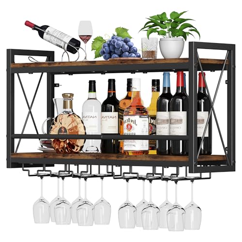 Homeiju Wall Mounted Wine Rack, Bottle & Glass Holder Wood-Metal Retro Wine Rack, Wine Bottles Display Wall Storage for Kitchen Dining Room Home Bar