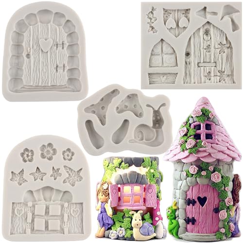 Sijiangmold Enchanted Vintage Fairy Garden Fairy Gnome Home Door Window Silicone Molds Snail Mushroom Fondant Mold For Cake Decorating Cupcake Topper Candy Chocolate Gum Paste Polymer Clay Set Of 4
