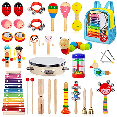 Toddler Musical Instruments Set, 32 PCS 19 Kinds Wooden Percussion Instruments Toys for Kids Playing Preschool Education, Early Learning Baby Musical Toys for Boys and Girls Gift