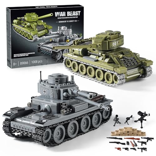 WW2 Army Tanks Toy Building Kit Compatible with Lego, Create a Soviet T-34 Tank & a German Panzer 38(t) Tank, Great Military Model Toys Gift for Boys, Kids, and Teens Age 8+ (1008 Pieces)