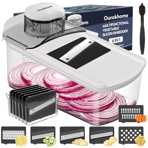 Ourokhome Mandolin Food Slicer, Hand Safe Kitchen Vegetable Shredder with 6 Mandoline Blades, Veggie Waffle Cutter for Potato, Carrot, Zucchini, Onion, Essential Kitchen Gadgets (6 in 1, White)