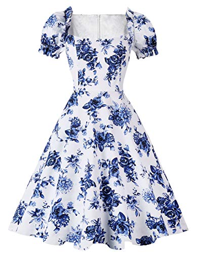 Hanpceirs Women's Puff Short Sleeve 1950s Party Dresses Square Neck Aline Dress with Pockets Porcelain L