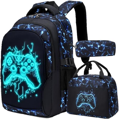 Boys Gamer Backpack Luminous School Backpacks for Boys Elementary School Bag Bookbag Kids Backpack with Lunch Box,Luminous Gamer Print