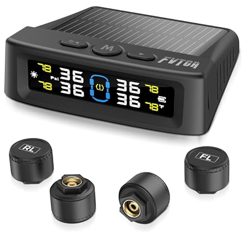 Tire Pressure Monitoring System - TPMS with Solar and USB Charger, 4 Tire Sensors and 6 Alarm Modes, Auto on/Off and Voice Prompt, TPMS with Color LCD Screen, for RV, Sedan, SUV, MPV, etc (0-87 PSI)