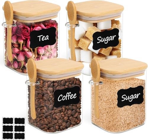 ComSaf 27oz Glass Jars with Bamboo Lids & Spoons Set of 4, Square Glass Containers with Lids, Sugar Coffee Containers Salt Spice Jars, Pantry Storage Container for Loose Tea, Candy, Brown Sugar, Nuts