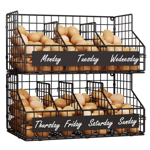 keomaisyto Fresh Egg Holder with 5 Dividers to Separate Eggs for a Week, 2 Tier Stackable Wire Baskets for Gathering Eggs, XXL Egg Rack for Countertop/Wall-Mounted, With DIY Labels (Patent Pending)